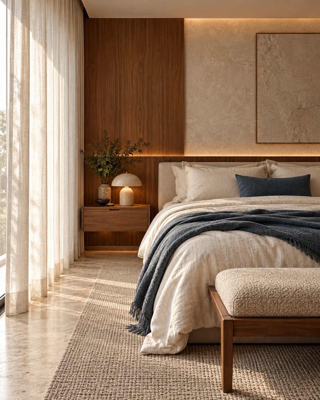 Quarto com madeira e roupa de cama de linho