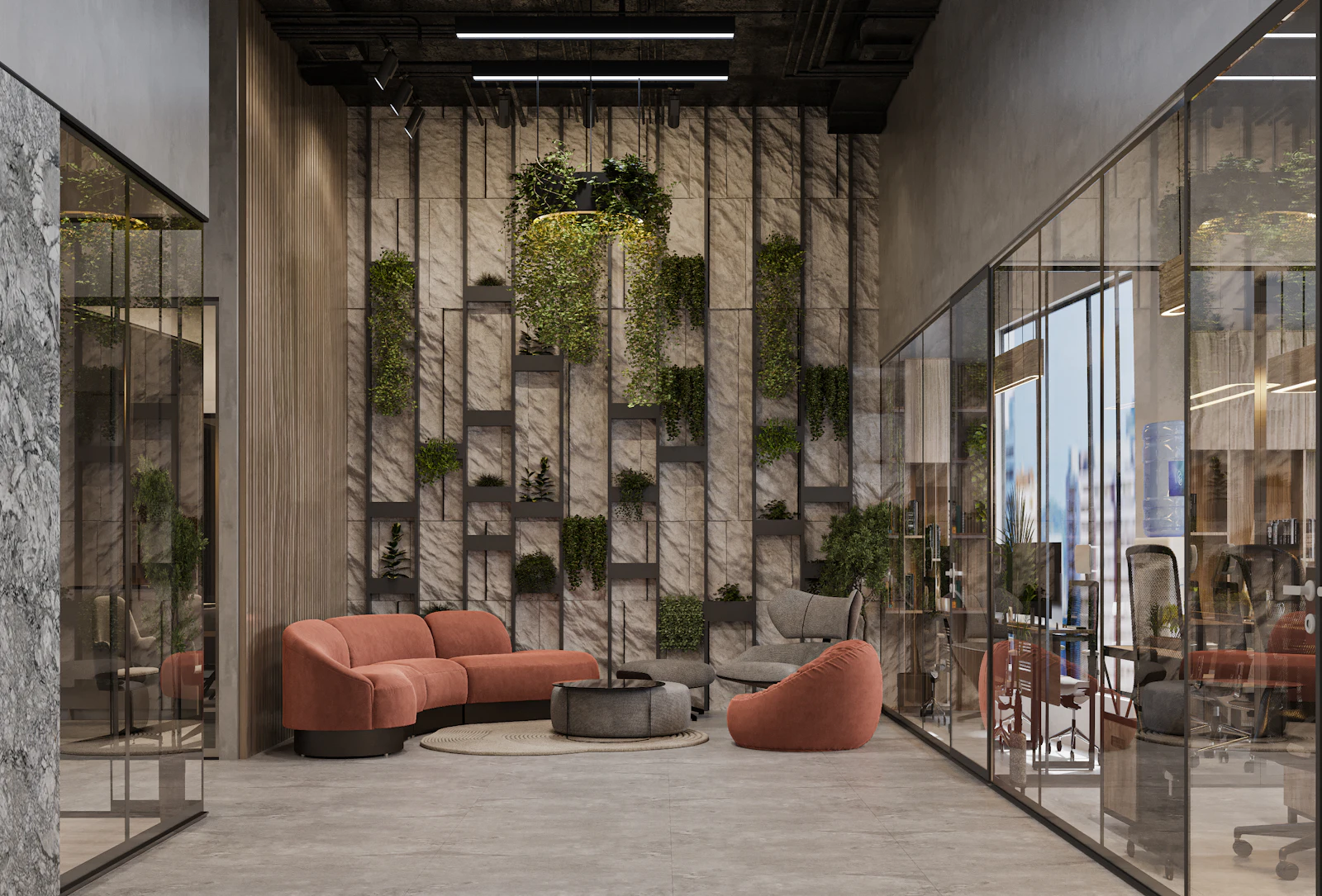 Lounge comercial com jardim vertical e sofás em tom terracota