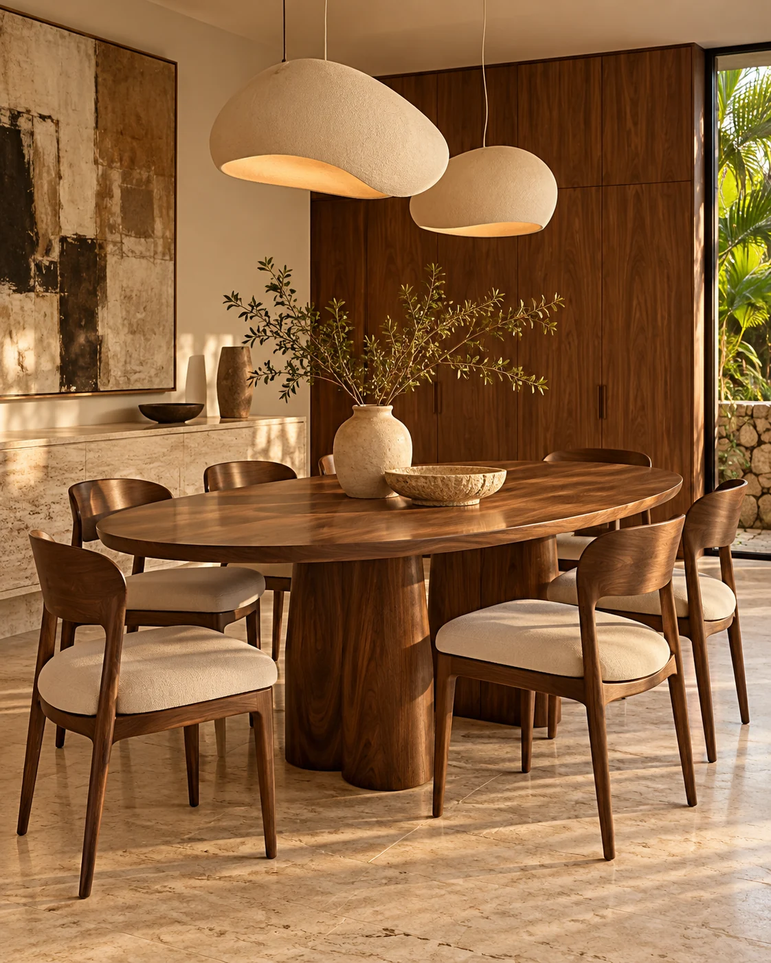 Sala de jantar com pendentes esculturais